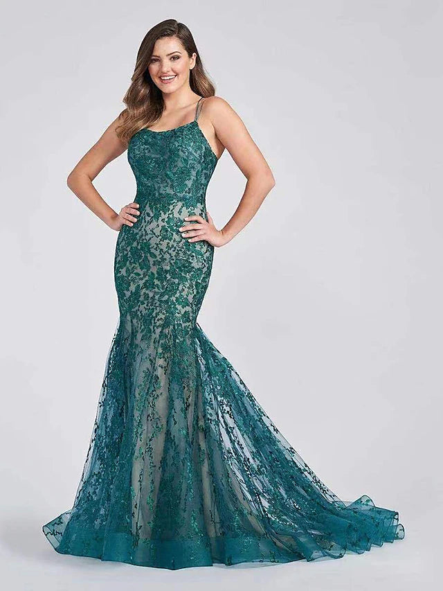 Meerjungfrau/Trompete Abendkleid Farbblockkleid Formelle Hofschleppe Ärmellos Spaghettiträger Spitze Rückenfrei mit Applikationen